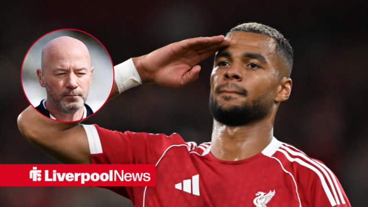 Liverpool forward Cody Gakpo celebrates, with Alan Shearer insert