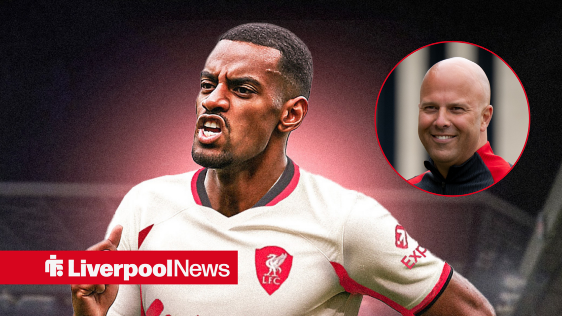 Liverpool striker Alexander Isak celebrates with Arne Slot smiling in. circular inset