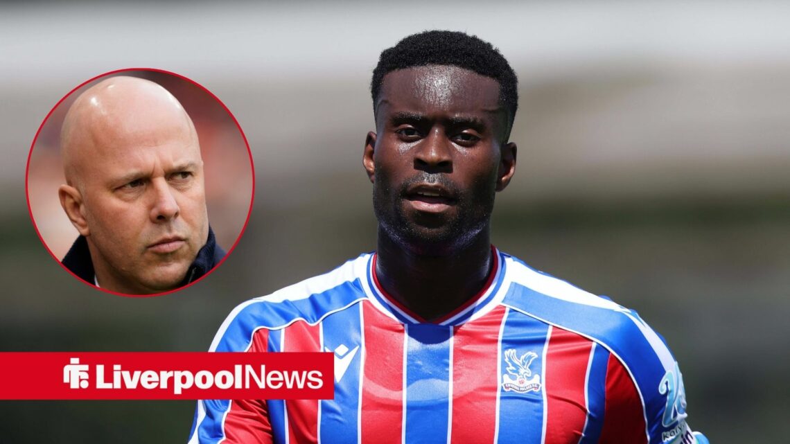 Crystal Palace defender Marc Guehi, with Liverpool manager Arne Slot inset