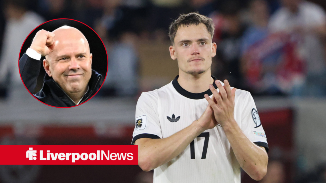 Liverpool midfielder Florian Wirtz clapping for Germany with Arne Slot inset