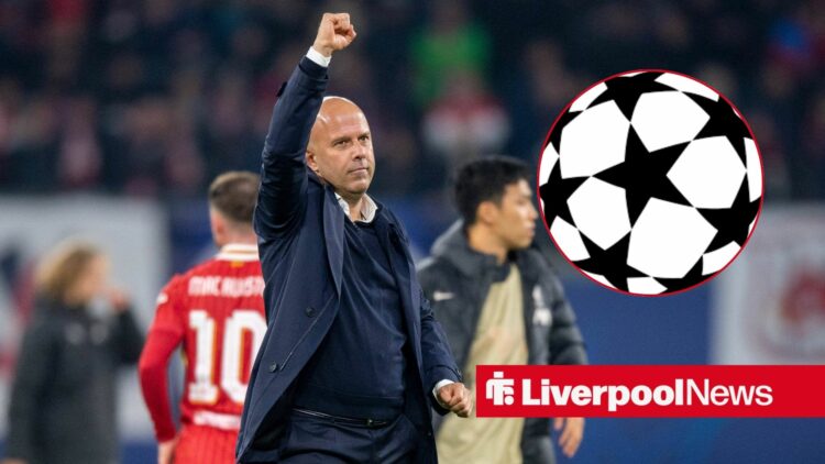 Liverpool manager Arne Slot celebrates with Champions League logo