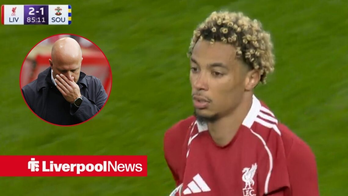 Liverpool striker Hugo Ekitike after his red card against Southampton with Arne Slot inset