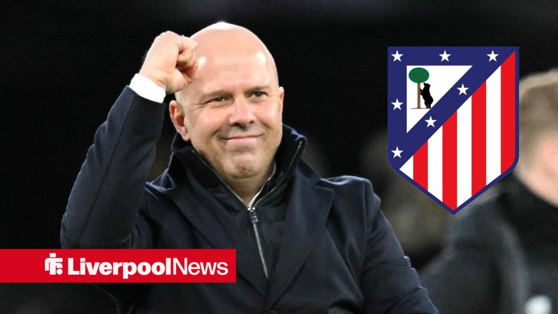 Liverpool manager Arne Slot celebrates with Atletico Madrid inset