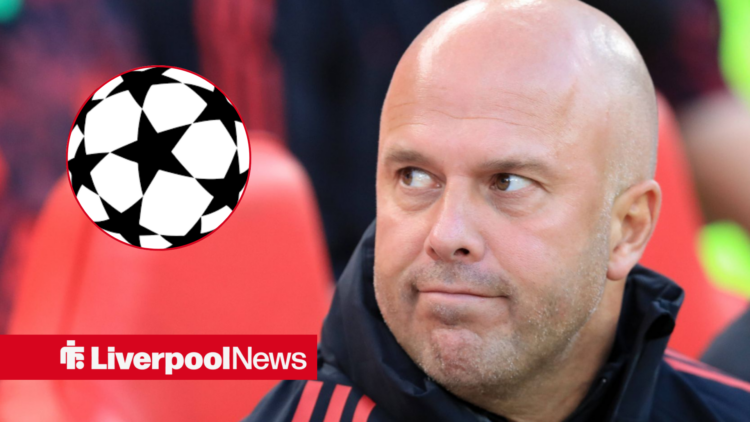 Liverpool manager Arne Slot looking back with Champions League logo insert