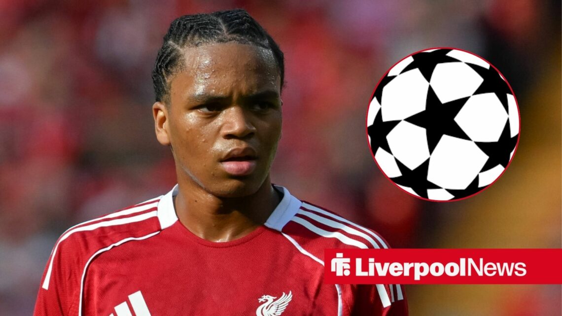 Liverpool forward Rio Ngumoha with Champions League inset
