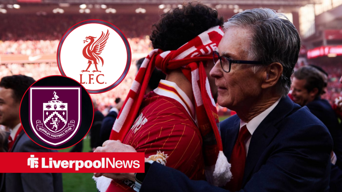 John Henry celebrating Liverpool victory with two circular insets of Liverpool's club badge and Burnley's club badge.