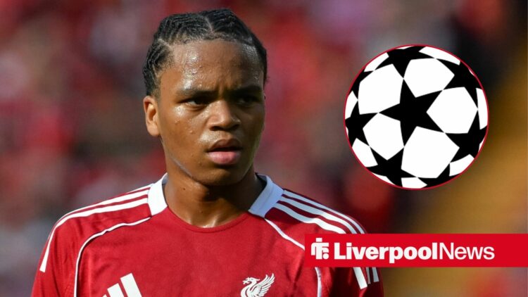Liverpool forward Rio Ngumoha with Champions League inset