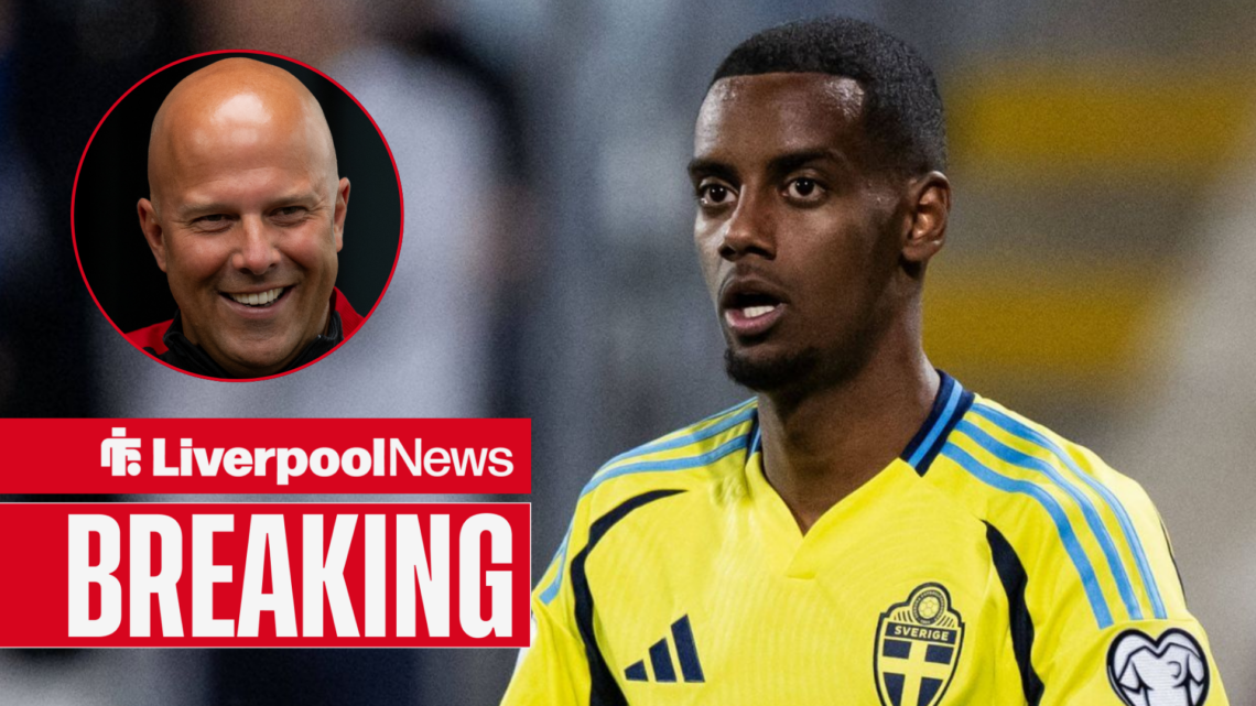 Liverpool striker Alexander Isak with head coach Arne Slot smiling inset