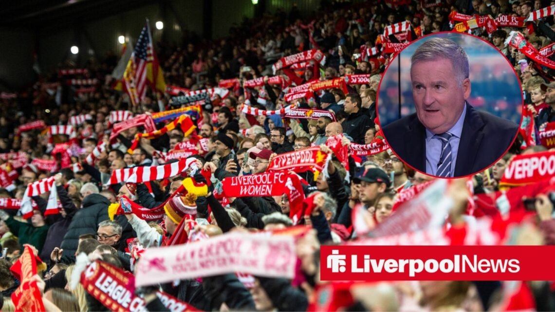 Liverpool fans at Anfield, with Richard Keys in a circular frame