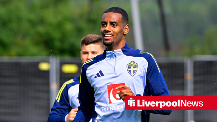 Liverpool striker Alexander Isak in training for Sweden.
