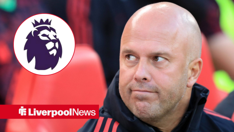 Arne Slot looking at the Premier League badge inset.