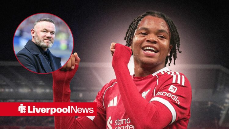 Rio Ngumoha looks happy with Wayne Rooney inset.