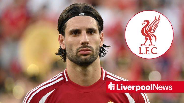 Dominik Szoboszlai in Hungary kit with a Liverpool badge inset.