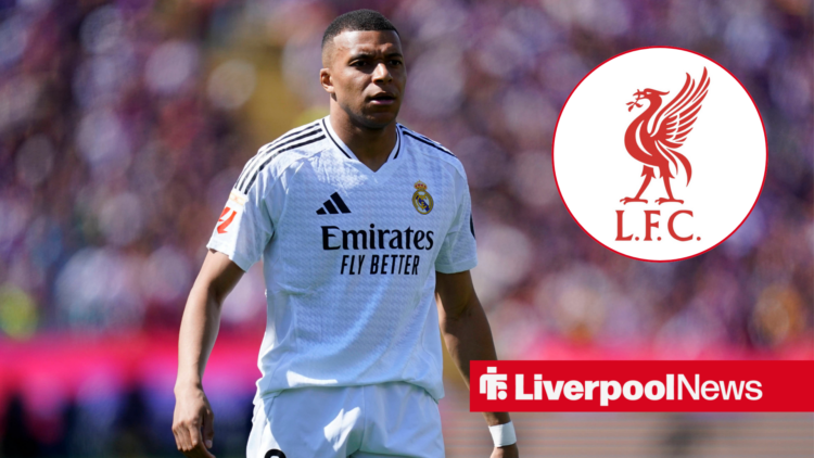 Kylian Mbappe with the Liverpool badge inset.