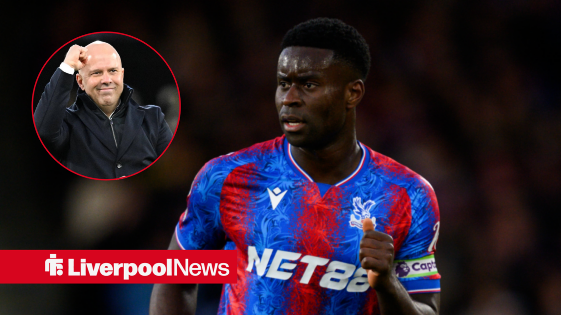 Marc Guehi looks on with Liverpool boss Arne Slot in circular inset