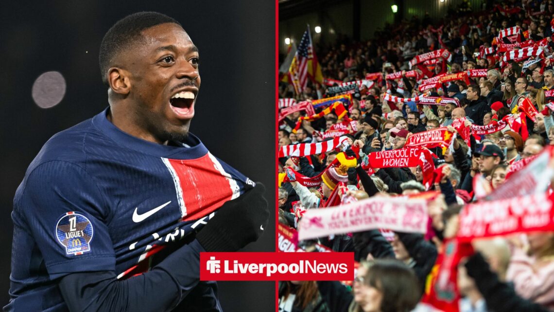 PSG star Ousmane Dembele celebrates on the left-hand side of a 50:50 image. On the right is a picture of Liverpool fans holding up scarves at Anfield.