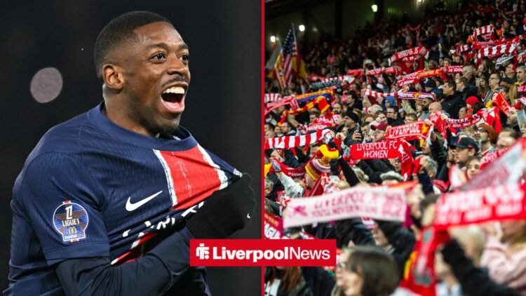 PSG star Ousmane Dembele celebrates on the left-hand side of a 50:50 image. On the right is a picture of Liverpool fans holding up scarves at Anfield.