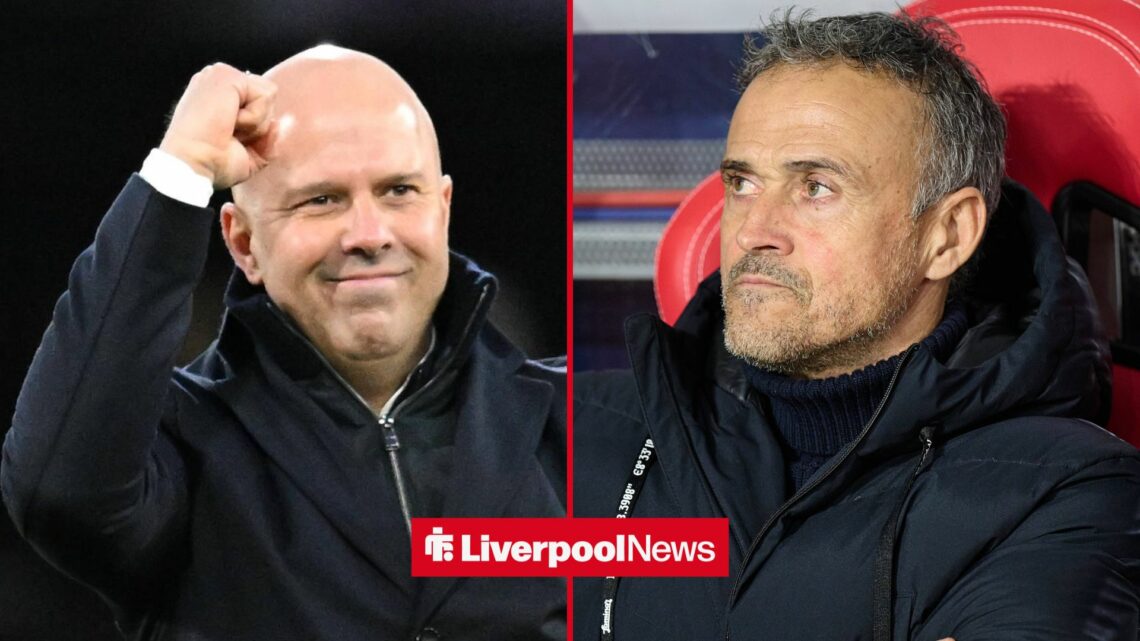 Liverpool manager Arne Slot celebrates with PSG manager Luis Enrique