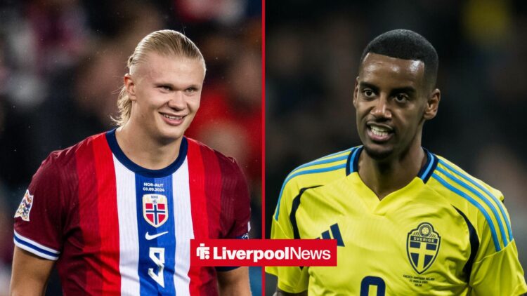 Manchester City striker Erling Haaland smiling with Liverpool striker Alexander Isak