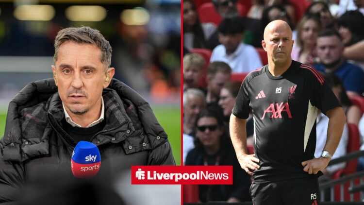 A split image showing Gary Neville on the left and Arne Slot on the right