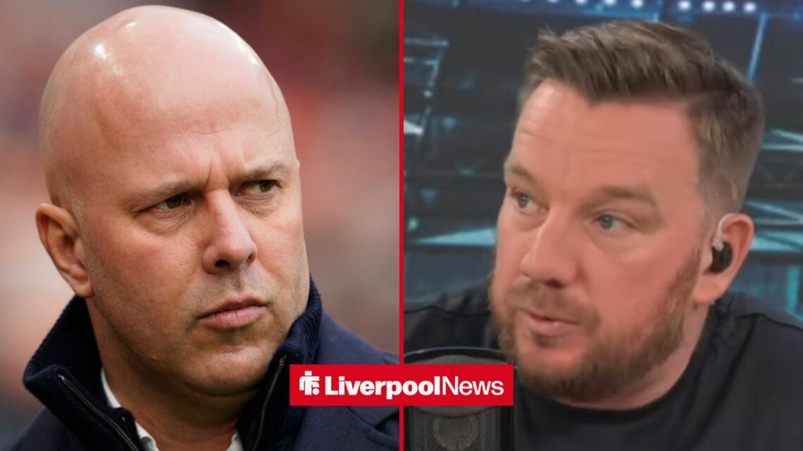 Arne slot looks unhappy on the left, adn is looking to the right, as Jamie O'Hara is on the right looking to the left.