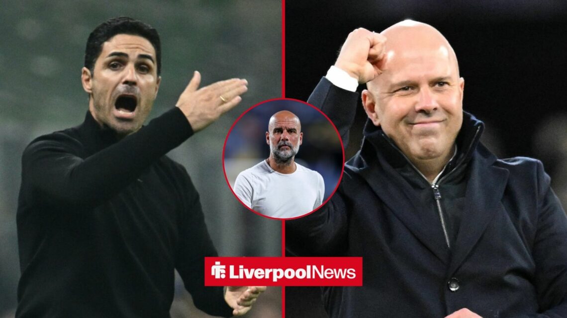 Mikel Arteta alongside Arne Slot with Pep Guardiola inset.