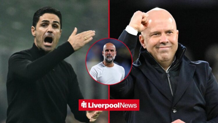 Mikel Arteta alongside Arne Slot with Pep Guardiola inset.