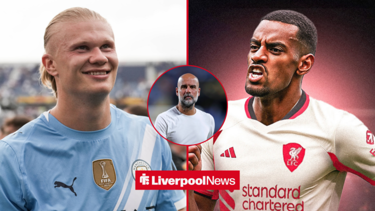 Erling Haaland alongside Alexander Isak in a split, with Pep Guardiola inset.