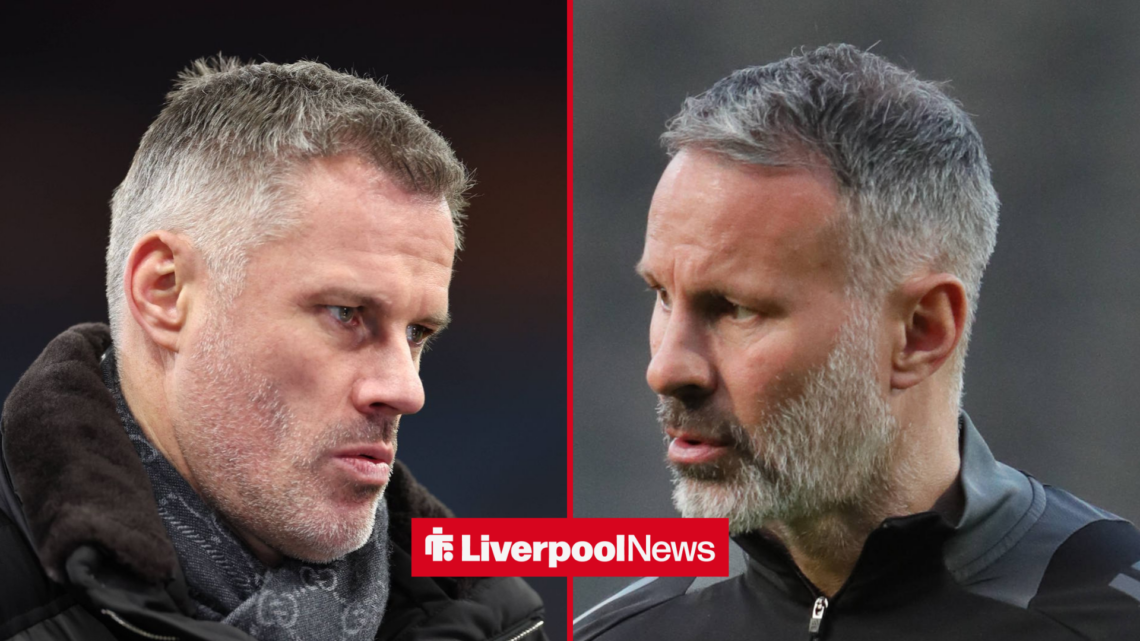 Jamie Carragher alongside Ryan Giggs in a split image.