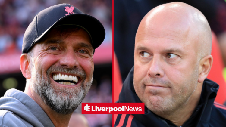 Jurgen Klopp smiling alongside Arne Slot