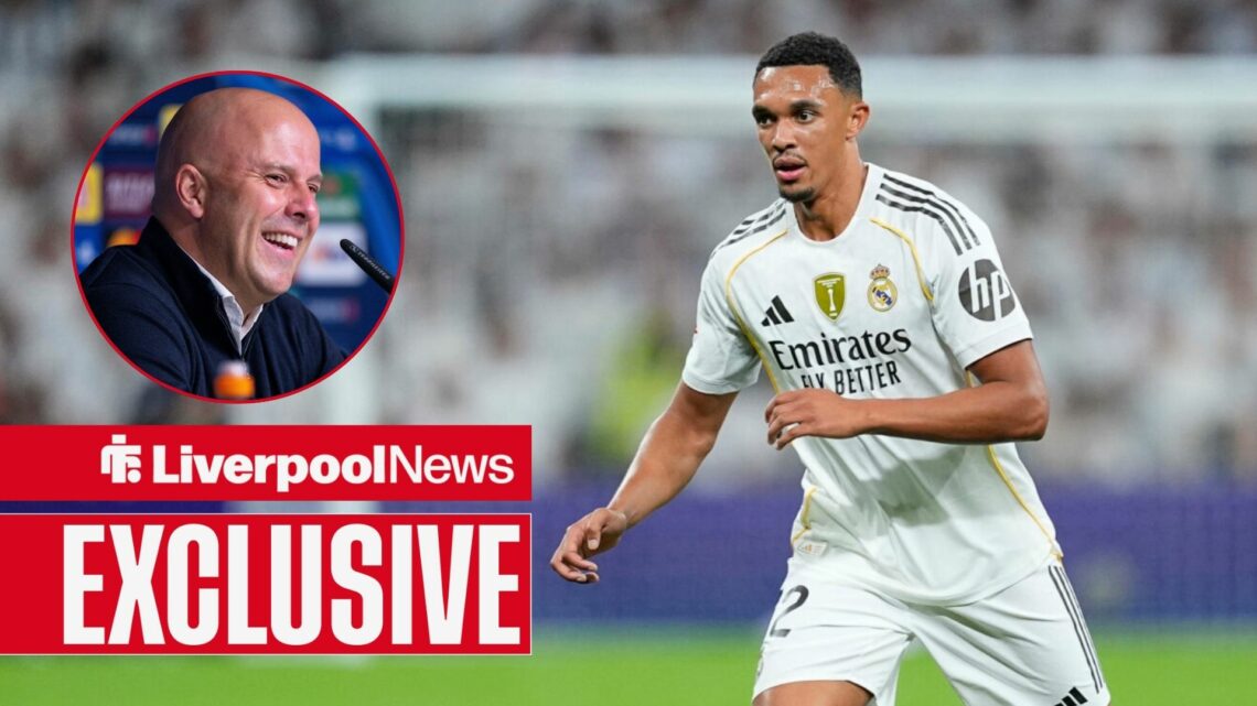 Trent Alexander-Arnold in action for Real Madrid, Liverpool manager Arne Slot in inset.