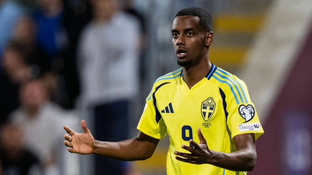 Liverpool striker Alexander Isak looks bemused as he plays for Sweden