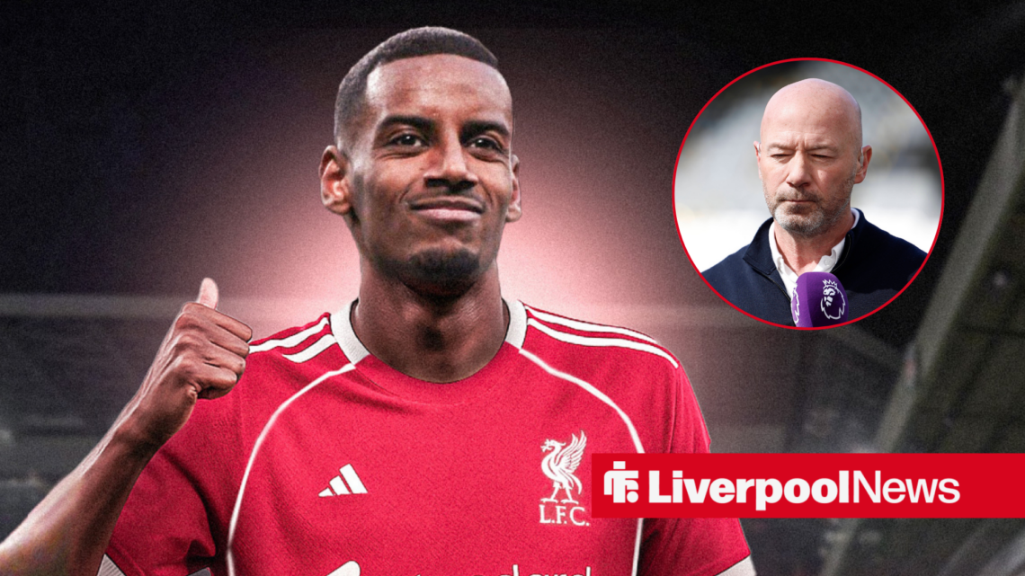 Alexander Isak in a Liverpool shirt, Alan Shearer in inset.