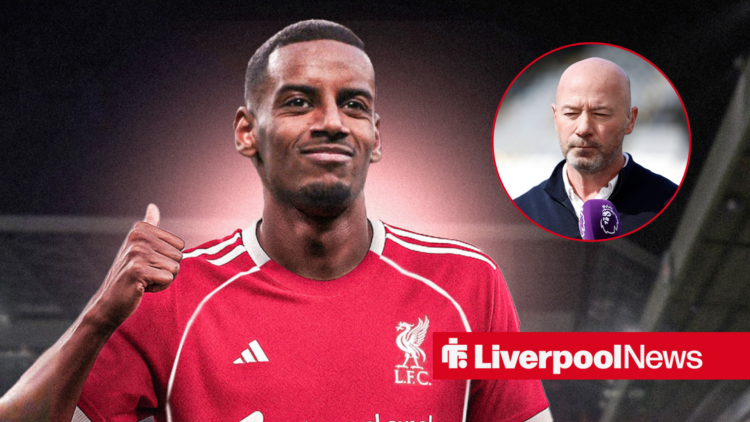 Alexander Isak in a Liverpool shirt, Alan Shearer in inset.