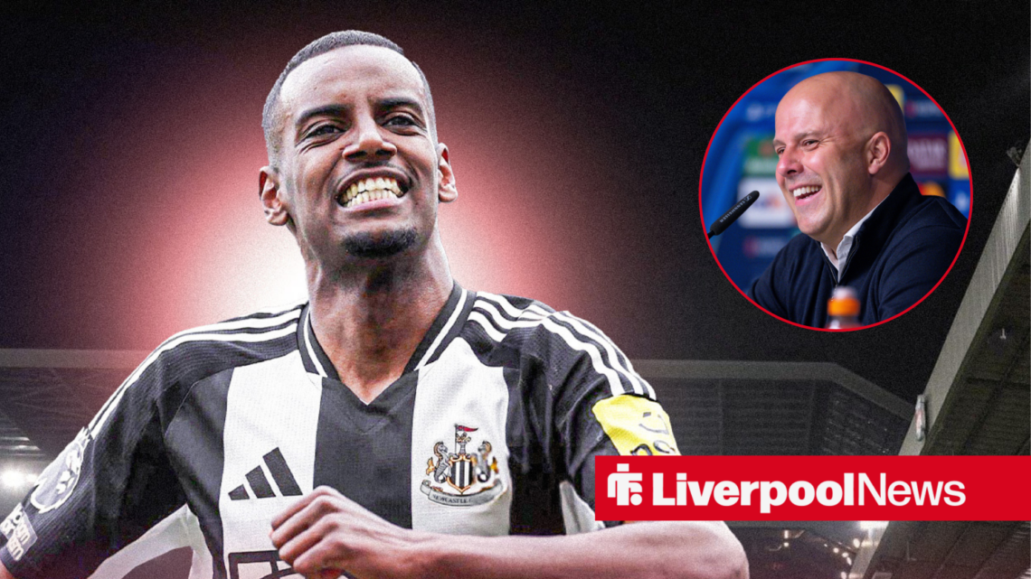 An image of Alexander Isak celebrating in a Newcastle kit, next to a circular inset of Arne Slot smiling in a press conference