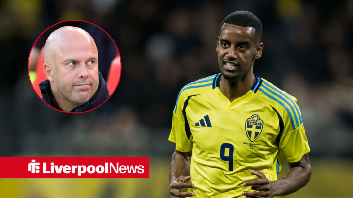 Liverpool star Alexander Isak in Sweden action, Arne Slot in inset.