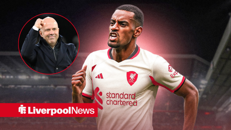 Alexander Isak in a Liverpool shirt, Arne Slot in inset.