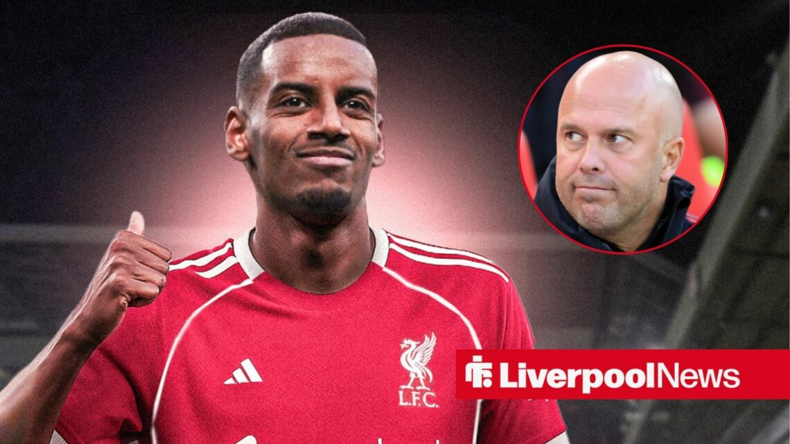 Alexander Isak in a Liverpool shirt, Arne Slot looking moody in inset.