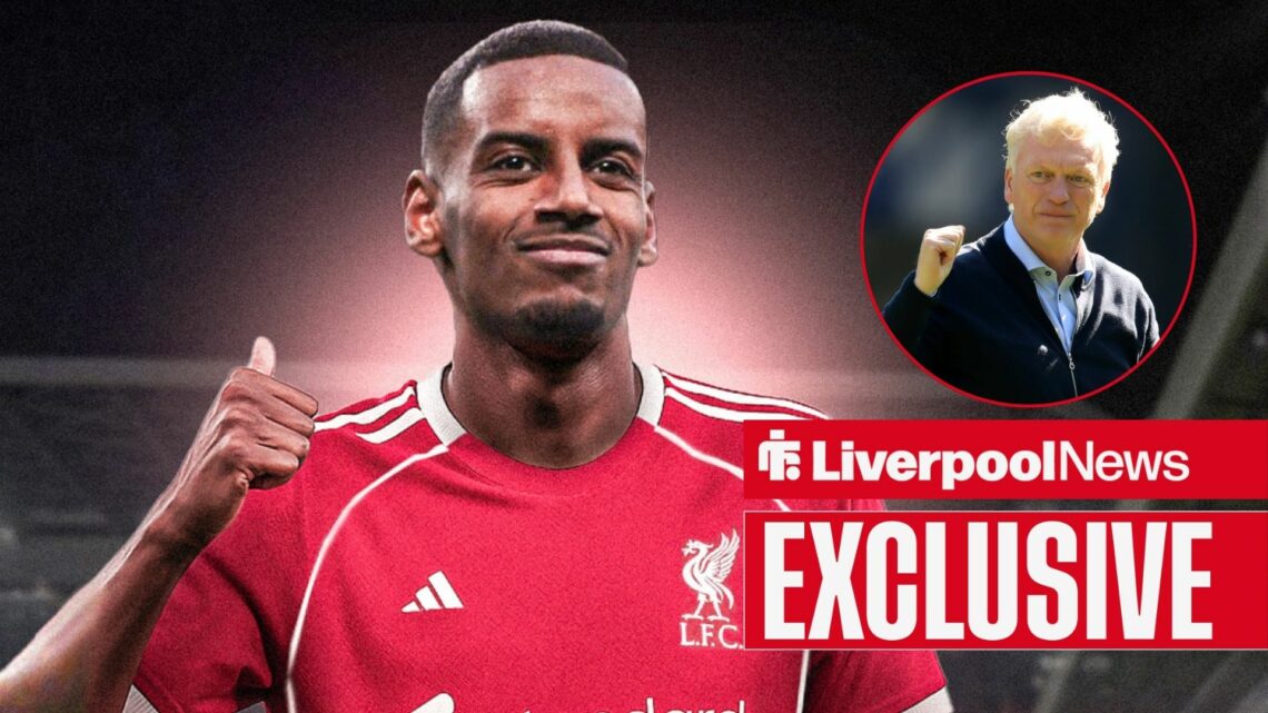 Liverpool star Alexander Isak looking happy, David Moyes in inset.