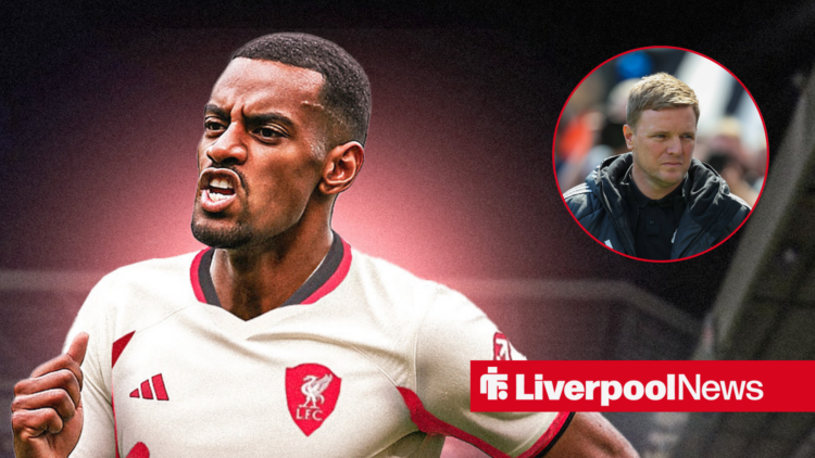 An image of Alexander Isak in Liverpool's away kit,next to a circular inset of Eddie Howe managing Newcastle United