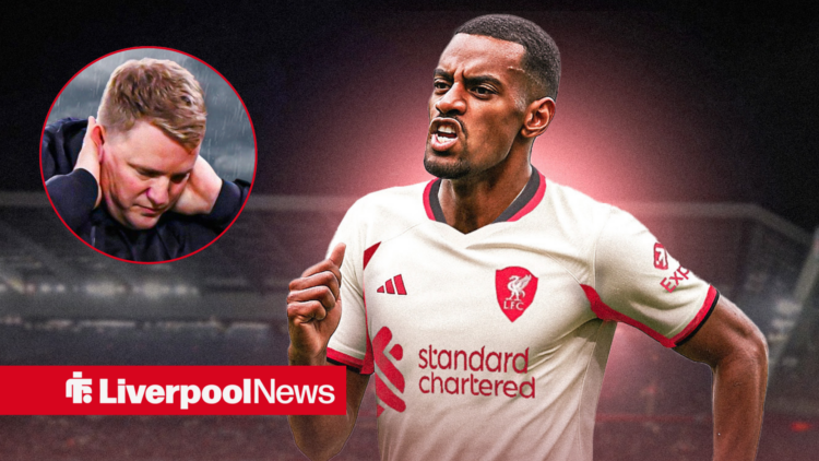 Alexander Isak in Liverpool away shirt, Newcastle manager Eddie Howe in inset.