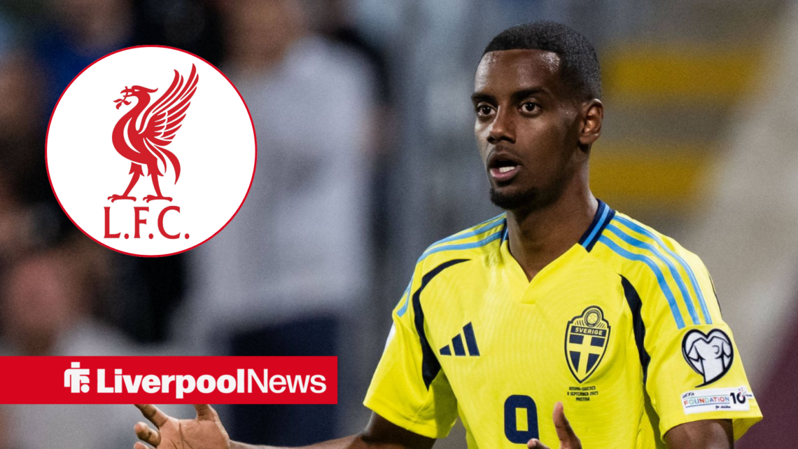 An image of Alexander Isak playing for Sweden, next to a circular inset of a Liverpool badge