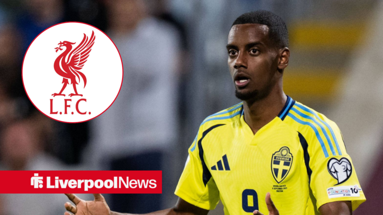 An image of Alexander Isak playing for Sweden, next to a circular inset of a Liverpool badge