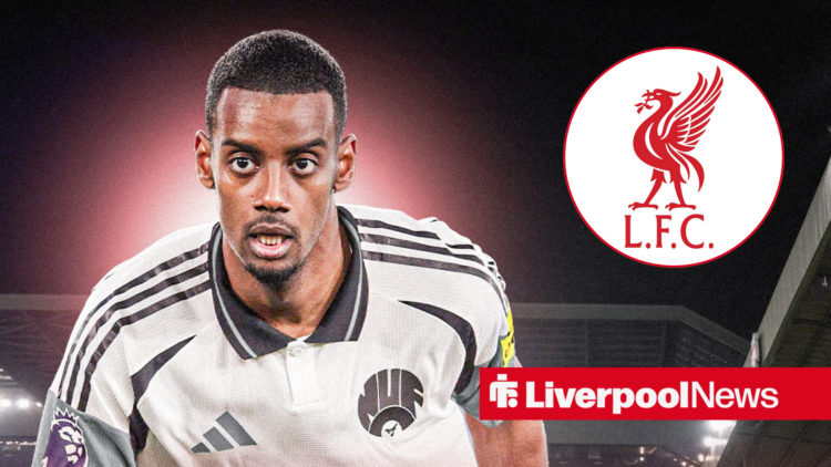 An image of Alexander Isak in a Newcastle kit, next to a circular inset of the Liverpool badge