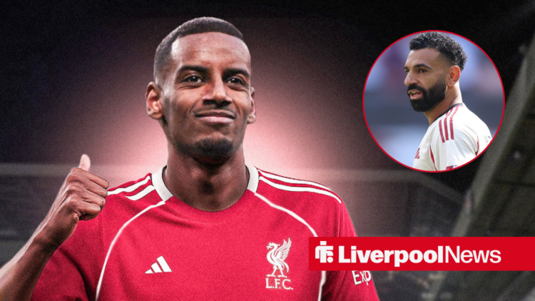 Alexander Isak in a Liverpool shirt, Mohamed Salah in inset.