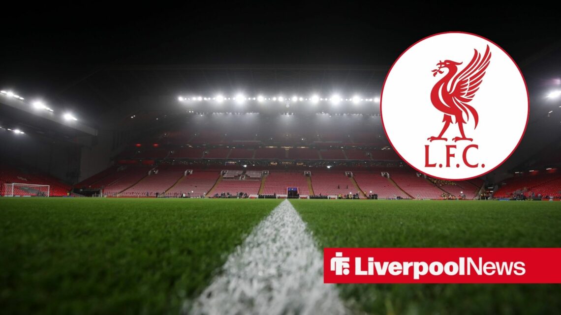An image of Anfield, next to a circular inset of the Liverpool badge