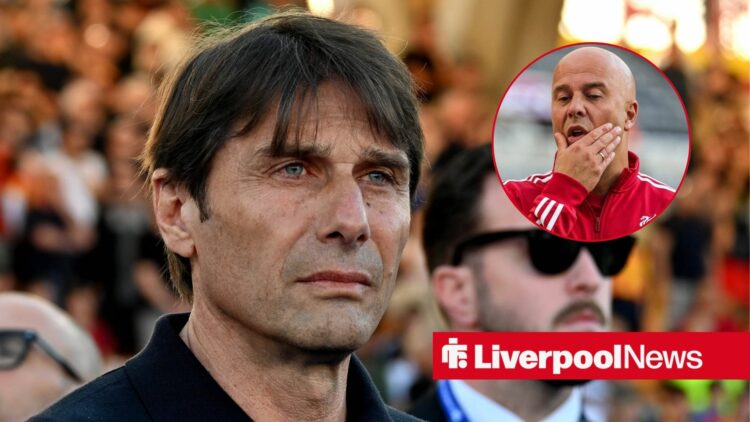 Antonio Conte looking puzzled, Liverpool boss Arne Slot in inset.
