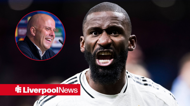 Antonio Rudiger in action for Real Madrid, Liverpool manager Arne Slot in inset.
