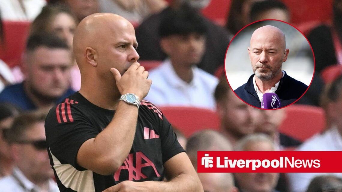 Liverpool boss Arne Slot looking concerned, Alan Shearer in inset.