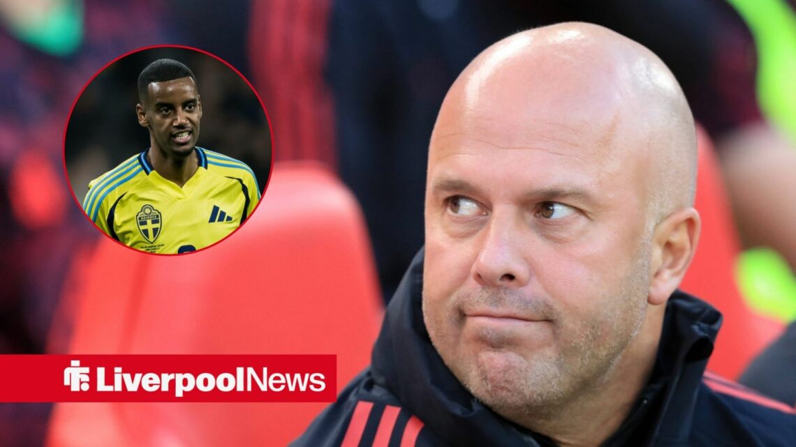 Liverpool manager Arne Slot looking moody, Alexander Isak in inset.